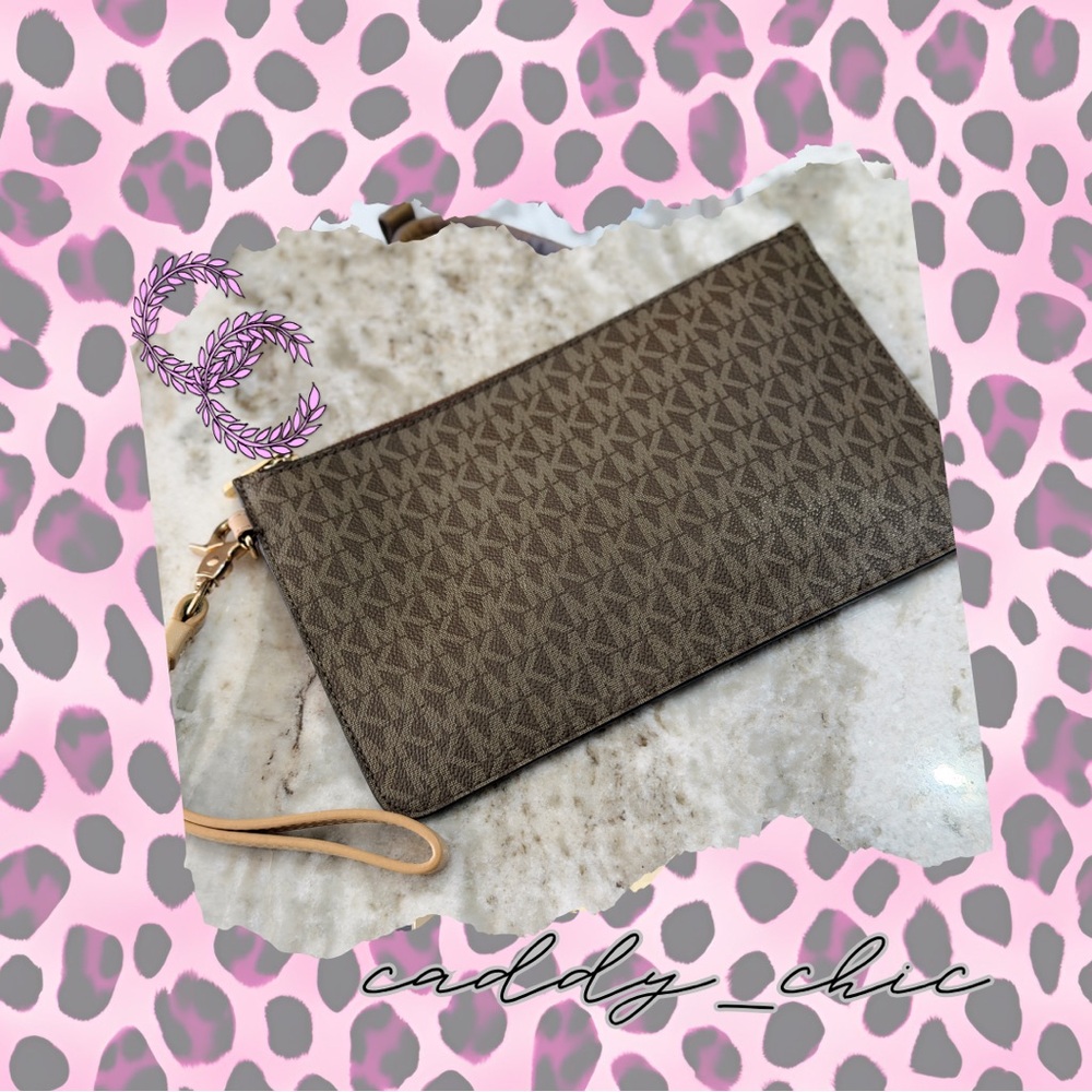 Michael Michael Kors Logo Zip Top Wristlet Pouch Brown Tan | Card Slots | EUC